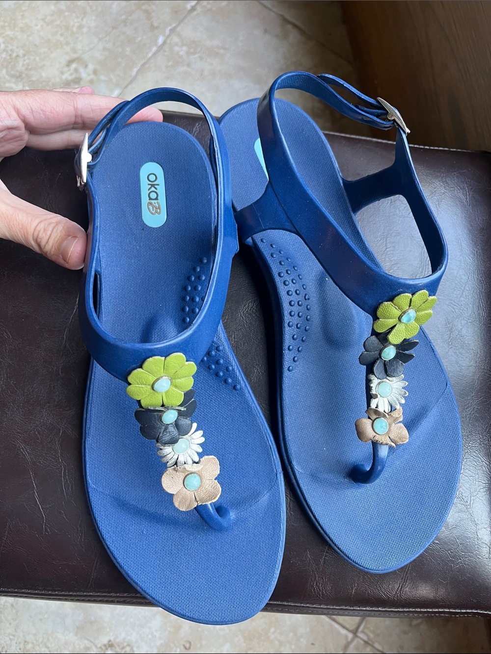 OKA b. Navy Blue Floral T-Strap Sandals